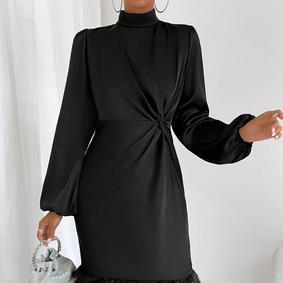 Black Preppy Womens Twist Front Fuzzy Trim Lantern Sleeve Dress - Picture 4 of 5